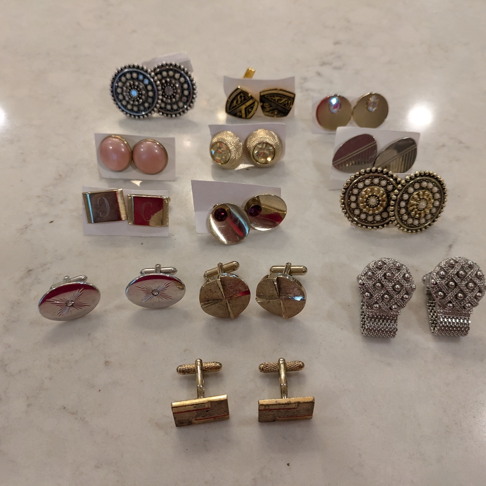 Lot Of 13.Gold and Silver Cuff Links with Intricate Patterns
